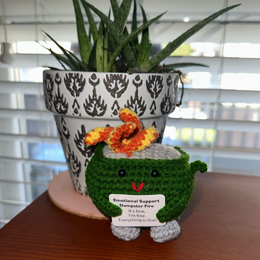 Emotional support dumpster fire desk decor